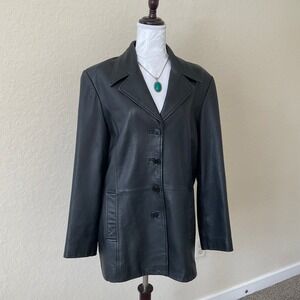 Vintage Outbrook Black Leather Coat Women L 90s Minimalist Button Up Grunge